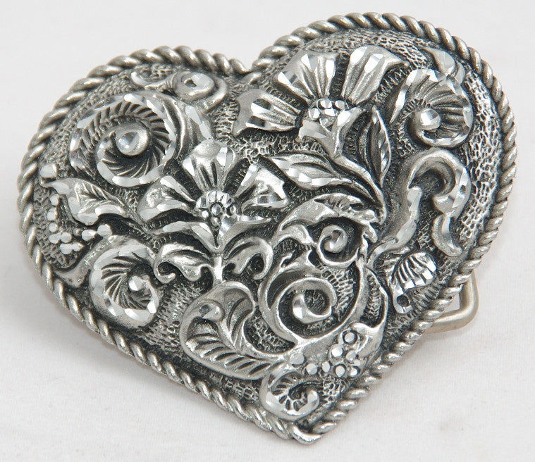 Ladies Floral Heart belt buckle, pewter. Made in USA