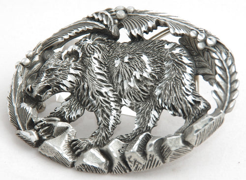 Bear belt buckle, pewter. Made in USA