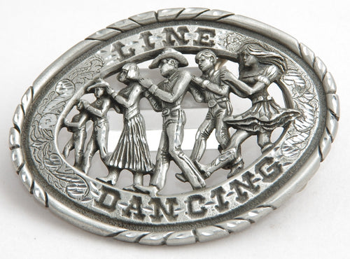 Line Dancing belt buckle, pewter. Made in USA