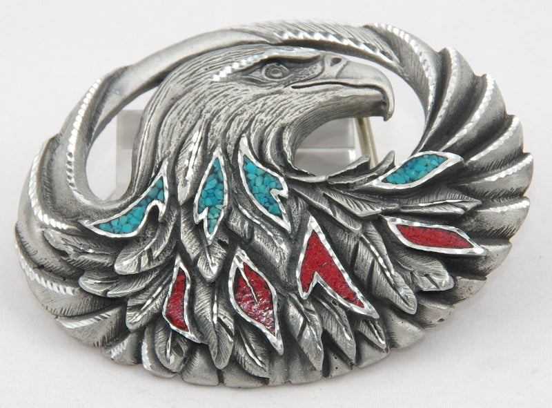 Eagle belt buckle inlayed with Turquoise and red coral chips, pewter. Made  in USA – Gypsy Leather & Suede