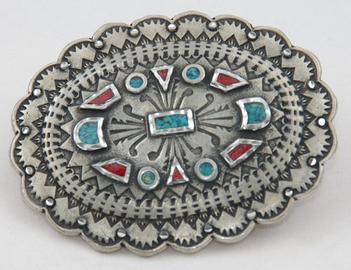 Conchoe belt buckle inlay, pewter. Made in USA