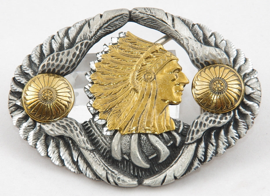 Chief head belt buckle, pewter with brass Chief Head. Made in USA