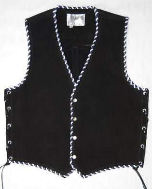 Black heavy weight suede laced vest, Blue and White whip-stitched, no seam front.