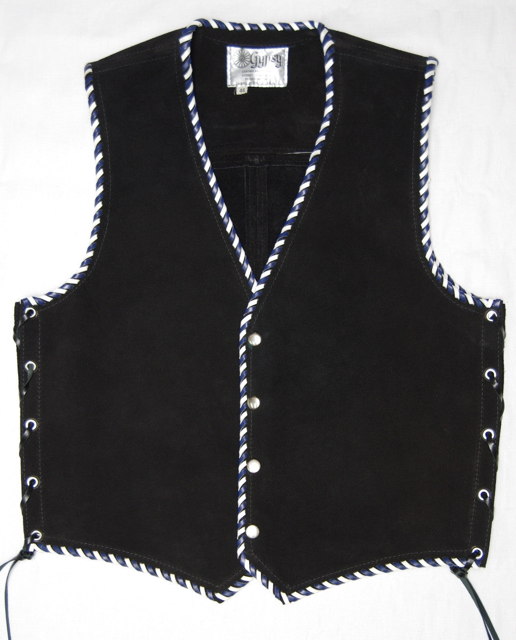 Black heavy weight suede laced vest, Blue and White whip-stitched, no seam front.