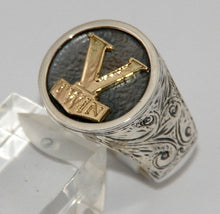 Sterling silver V-Twin ring with 9 ct gold logo.  Mens ring #1142
