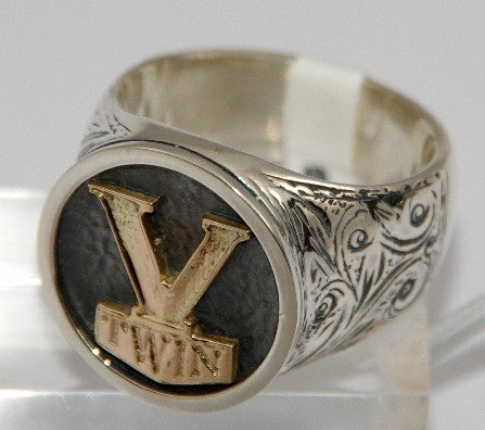 Sterling silver V-Twin ring with 9 ct gold logo. Mens ring #1142 ...