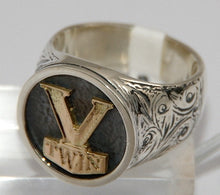 Sterling silver V-Twin ring with 9 ct gold logo.  Mens ring #1142