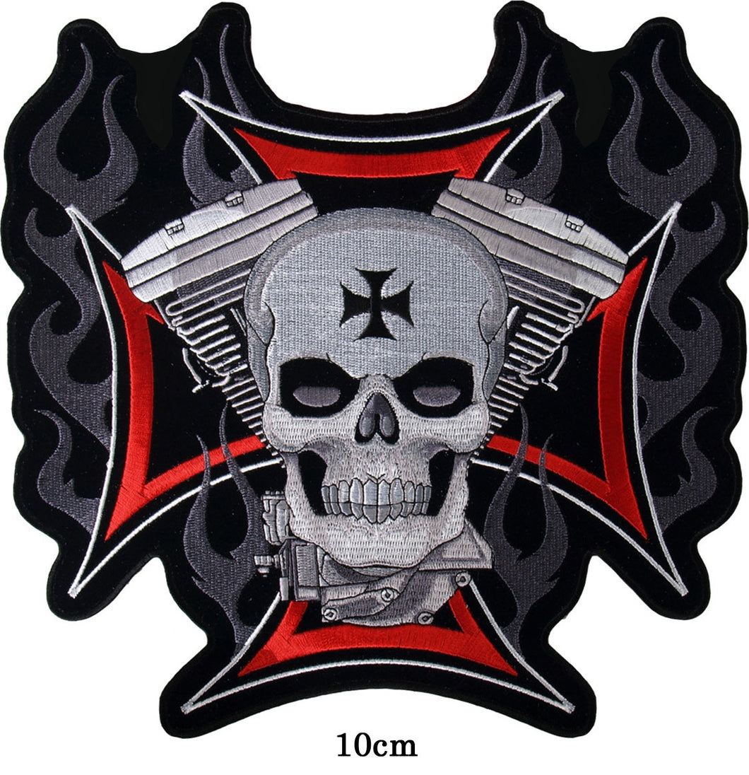 Evo flame Skull. 100 mm wide x 100 mm high embroided patch