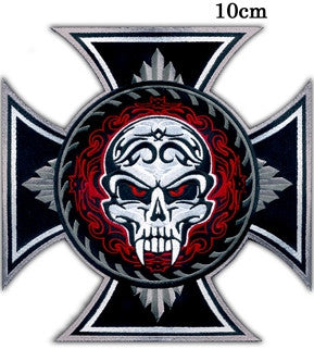 Cross vampire Skull. 100 mm wide x 100 mm high embroided patch
