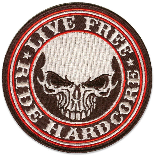 Live free, ride hardcore, 100 mm wide diameter, embroided patch