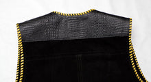 Black heavy weight suede laced vest, faux black croc trim, Yellow whip-stitched, no seam front.