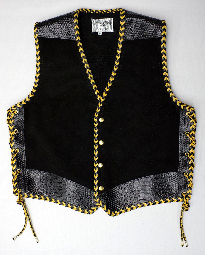 Black heavy weight suede laced vest, faux snake trim, double cordovan two colour border