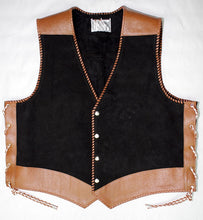 Black heavy weight suede laced vest, faux snake trim, whip-stitched, no seam front.