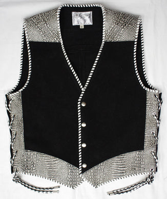 Black heavy weight suede laced vest, faux White croc trim, whip-stitched, no seam front.