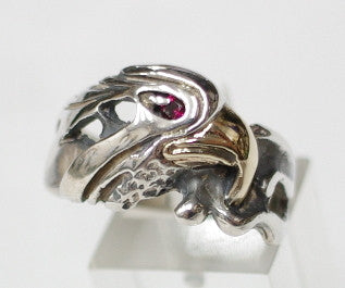 Sterling silver eagle ring with 9ct Gold beak, Ruby eye.  Mens ring #536/925/9ct
