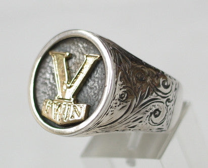 Sterling silver V-Twin ring with 9 ct gold logo. Mens ring #1142 – Gypsy  Leather & Suede