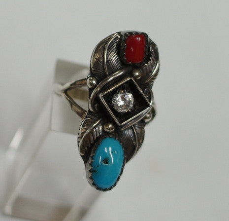 American Indian Ladies Ring, Navajo 925 Sterling Silver Red Coral and Turquoise