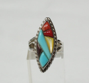 American Indian Ladies Ring, Zuni 925 Sterling Silver channel inlay