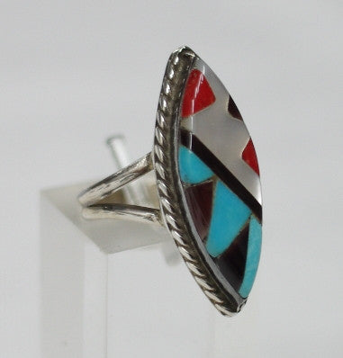 American Indian Ladies Ring, Zuni 925 Sterling Silver channel inlay