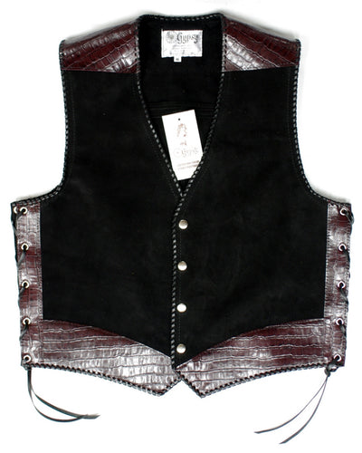 Black heavy weight suede laced vest, faux maroon croc trim, whip-stitched, no seam front.