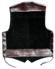 Black heavy weight suede laced vest, faux maroon croc trim, whip-stitched, no seam front.