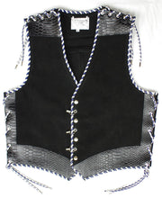 Black heavy weight suede laced shoulders vest, faux snake trim, whip-stitched, no seam front.
