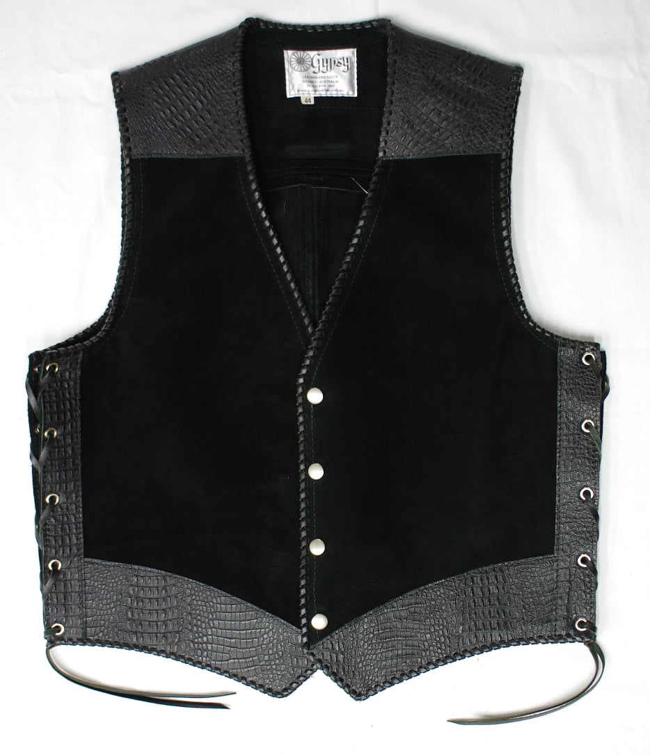 Black heavy weight suede laced vest, faux black croc trim, black whip-stitched, no seam front.