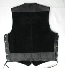 Black heavy weight suede laced vest, faux black croc trim, black whip-stitched, no seam front.