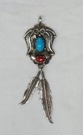 American Indian Pendant, Navajo 925 Sterling Silver and Turquoise & Red Coral